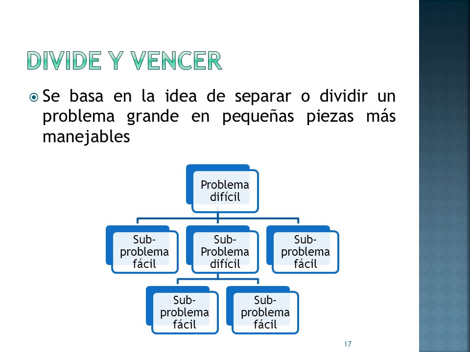 Divide y Vencer Se basa en la idea de separar o dividir un problema grande en pequeñas piezas más manejables.
