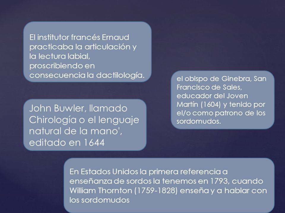El institutor francés Ernaud practicaba la articulación y la lectura labial, proscribiendo en consecuencia la dactilología.