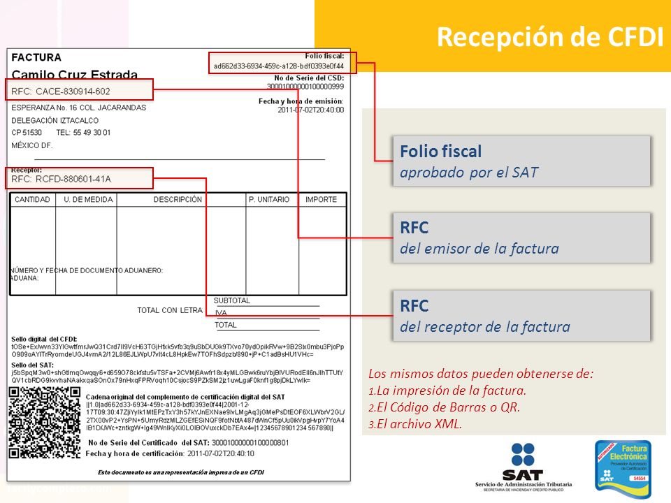Recepción de CFDI Folio fiscal RFC RFC aprobado por el SAT