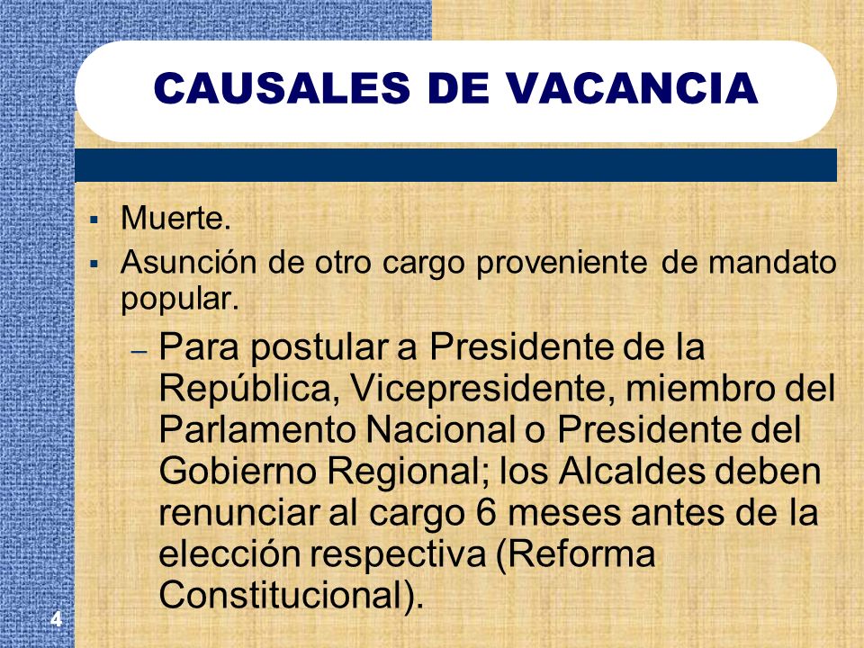 CAUSALES DE VACANCIA Muerte. Asunción de otro cargo proveniente de mandato popular.