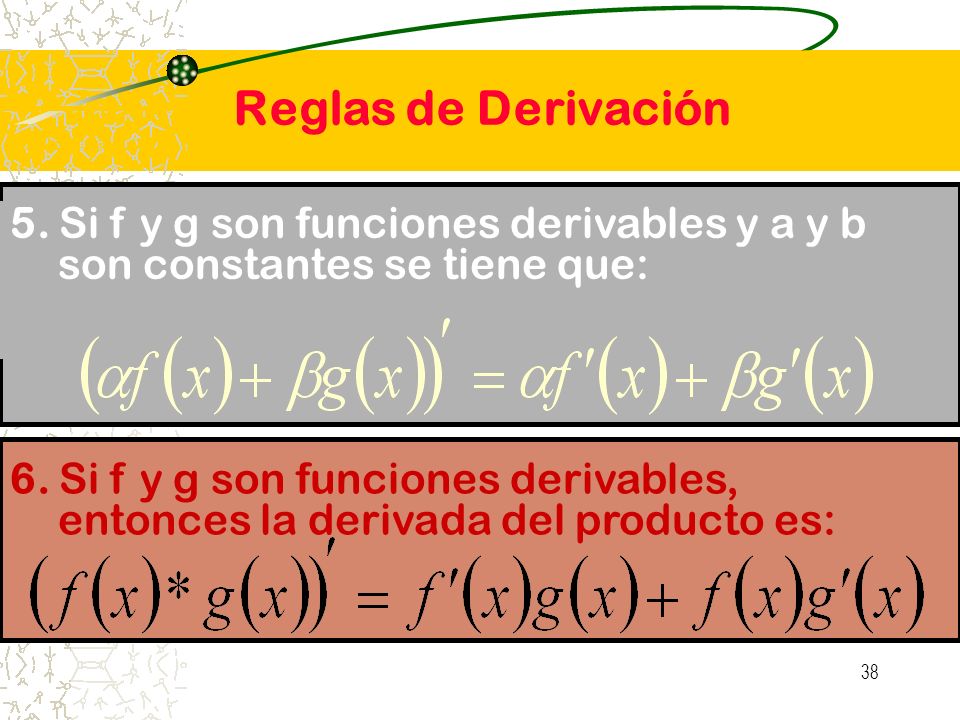 Reglas de Derivación 5. Si f y g son funciones derivables y a y b son constantes se tiene que: