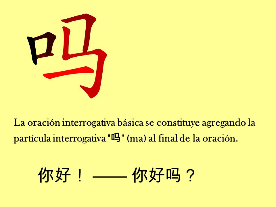 La oración interrogativa básica se constituye agregando la partícula interrogativa 吗 (ma) al final de la oración.