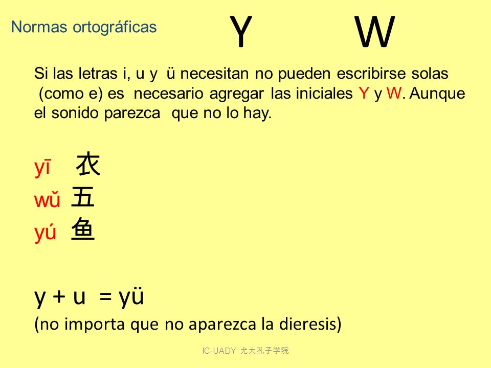 Y W y + u = yü yī 衣 wǔ 五 yú 鱼 (no importa que no aparezca la dieresis)