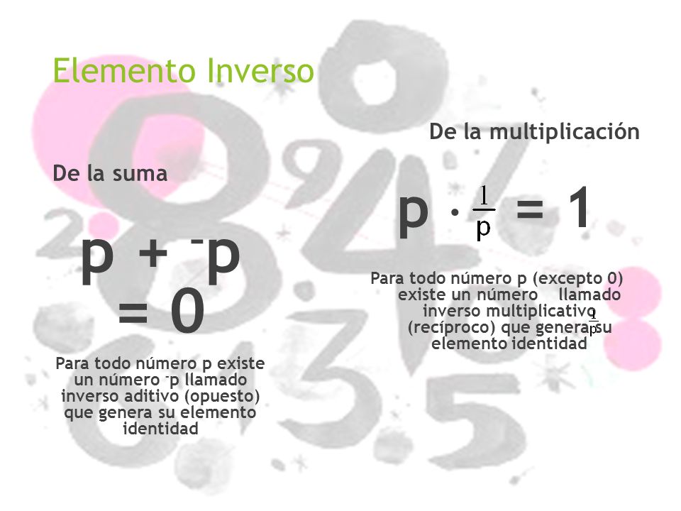 p + –p = 0 p  = 1 Elemento Inverso De la multiplicación De la suma