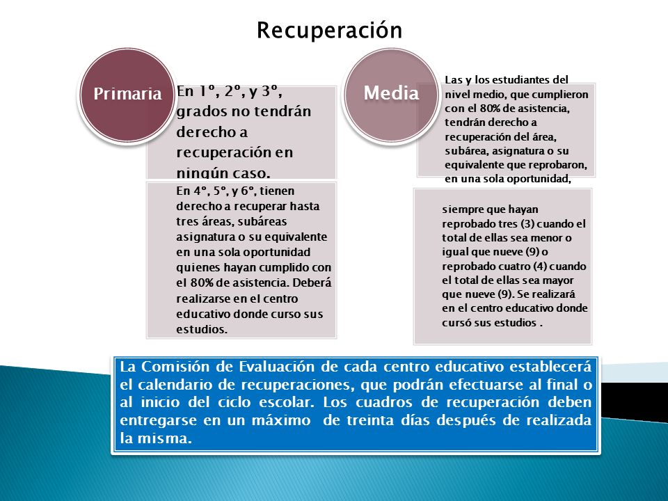 Recuperación Primaria. En 1º, 2º, y 3º, grados no tendrán derecho a recuperación en ningún caso.