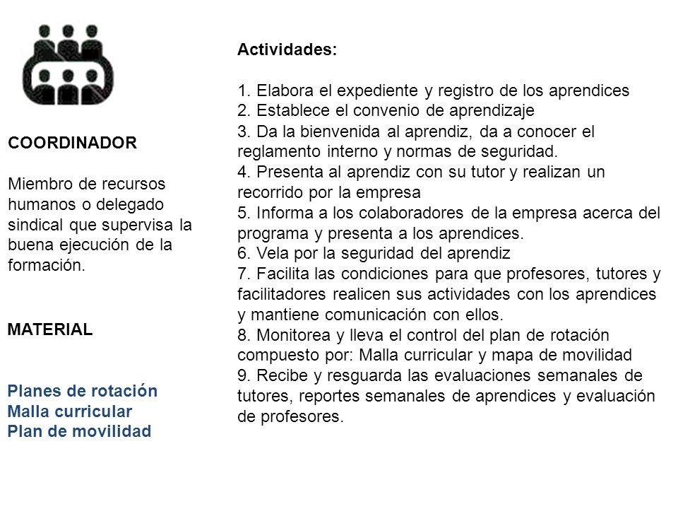 Actividades: 1. Elabora el expediente y registro de los aprendices. 2. Establece el convenio de aprendizaje.
