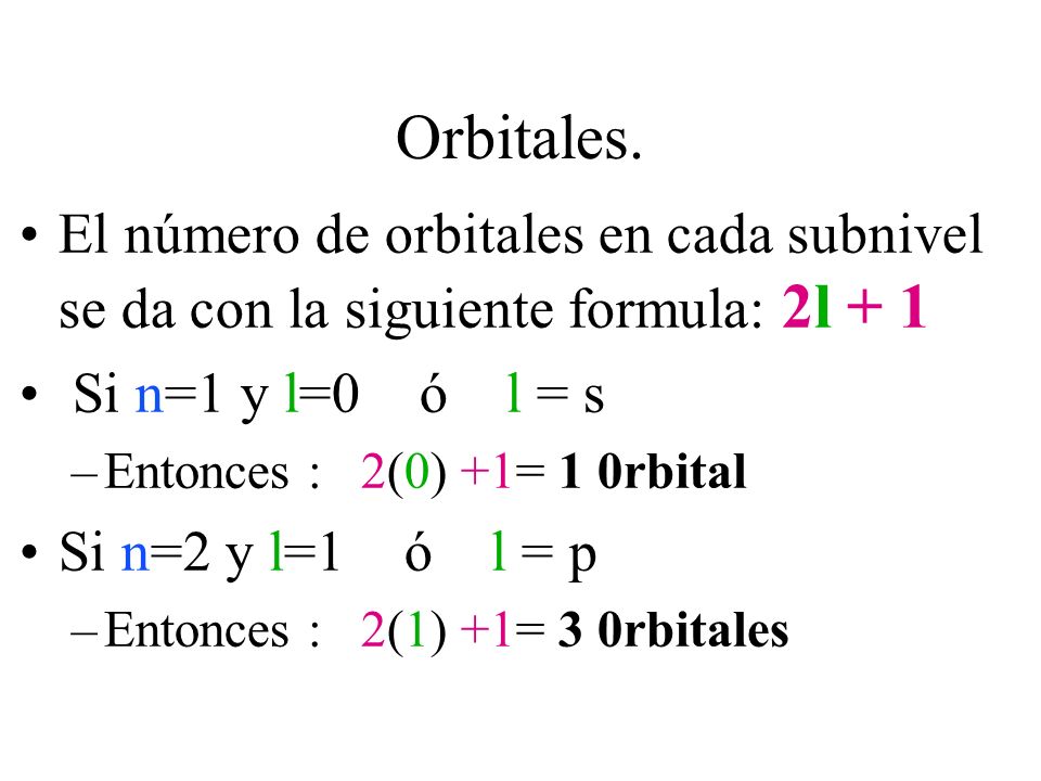 Orbitales. El número de orbitales en cada subnivel se da con la siguiente formula: 2l + 1. Si n=1 y l=0 ó l = s.
