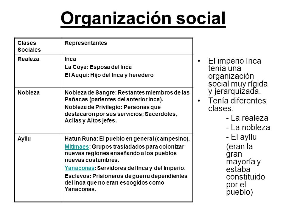 Organización social Clases Sociales. Representantes. Realeza. Inca. La Coya: Esposa del Inca. El Auqui: Hijo del Inca y heredero.