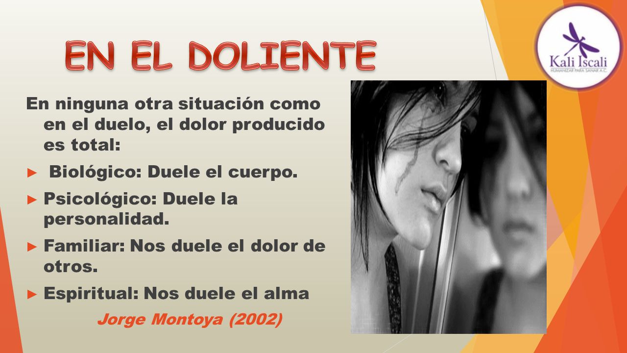 EN EL DOLIENTE En ninguna otra situación como en el duelo, el dolor producido es total: Biológico: Duele el cuerpo.