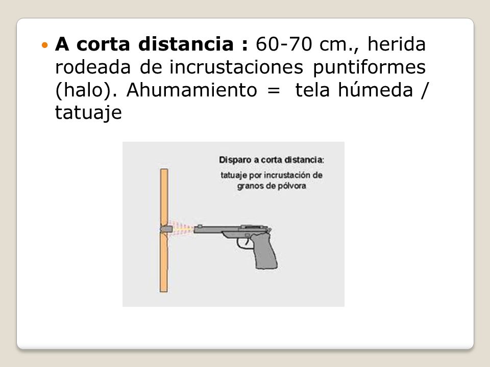 A corta distancia : cm., herida rodeada de incrustaciones puntiformes (halo).