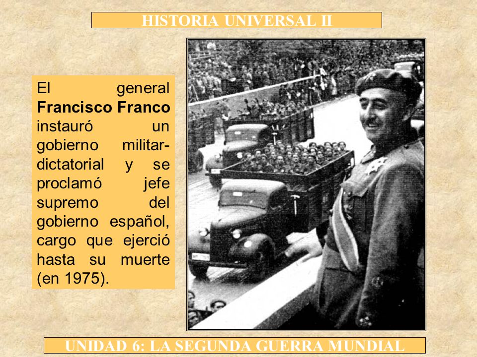 El general Francisco Franco instauró un gobierno militar-dictatorial y se proclamó jefe supremo del gobierno español, cargo que ejerció hasta su muerte (en 1975).