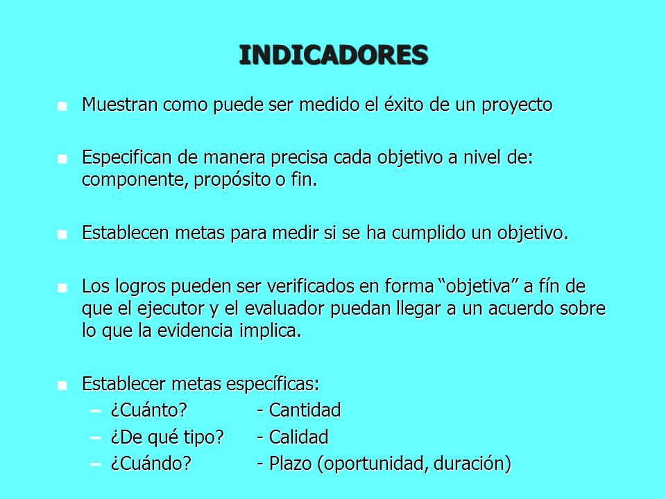 INDICADORES Muestran como puede ser medido el éxito de un proyecto