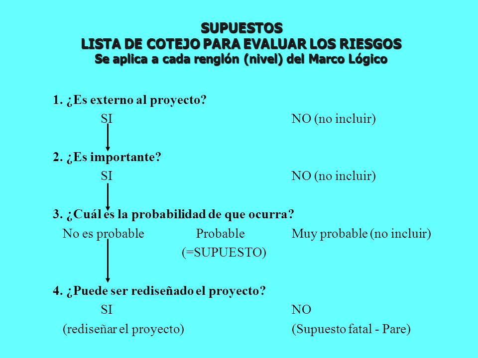 SUPUESTOS LISTA DE COTEJO PARA EVALUAR LOS RIESGOS Se aplica a cada renglón (nivel) del Marco Lógico