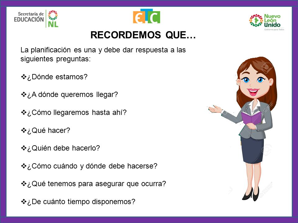 RECORDEMOS QUE… La planificación es una y debe dar respuesta a las siguientes preguntas: ¿Dónde estamos