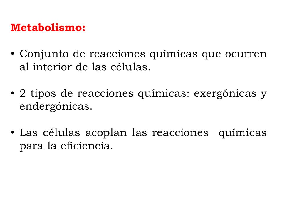 Metabolismo: Conjunto de reacciones químicas que ocurren al interior de las células. 2 tipos de reacciones químicas: exergónicas y endergónicas.
