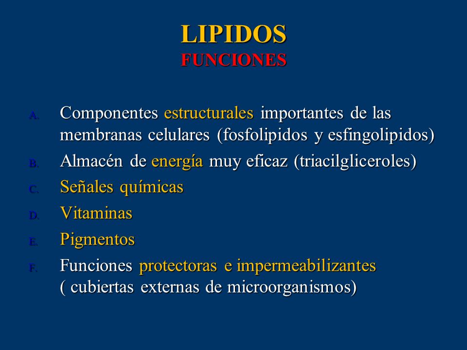 LIPIDOS FUNCIONES Componentes estructurales importantes de las membranas celulares (fosfolipidos y esfingolipidos)