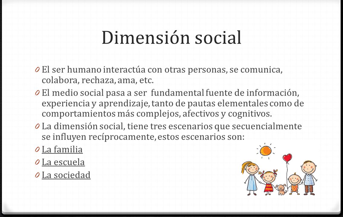 Dimensión social El ser humano interactúa con otras personas, se comunica, colabora, rechaza, ama, etc.