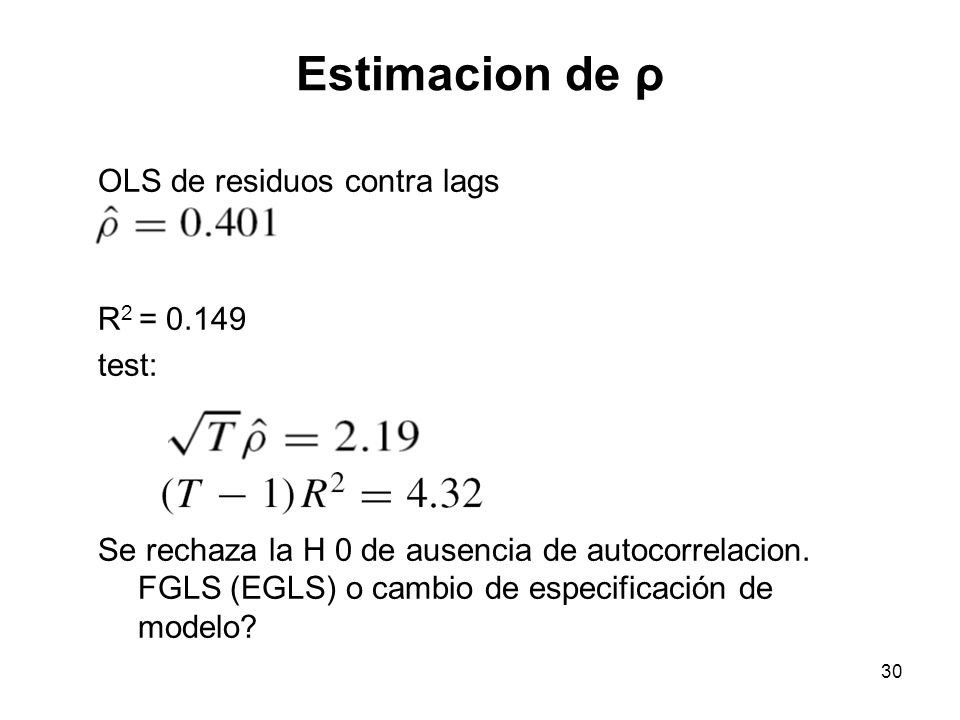 Estimacion de ρ OLS de residuos contra lags R2 = test: