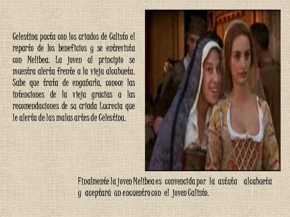 Celestina pacta con los criados de Calisto el reparto de los beneficios y se entrevista con Melibea. La joven al principio se muestra alerta frente a la vieja alcahueta. Sabe que trata de engañarla, conoce las intenciones de la vieja gracias a las recomendaciones de su criada Lucrecia que le alerta de las malas artes de Celestina.