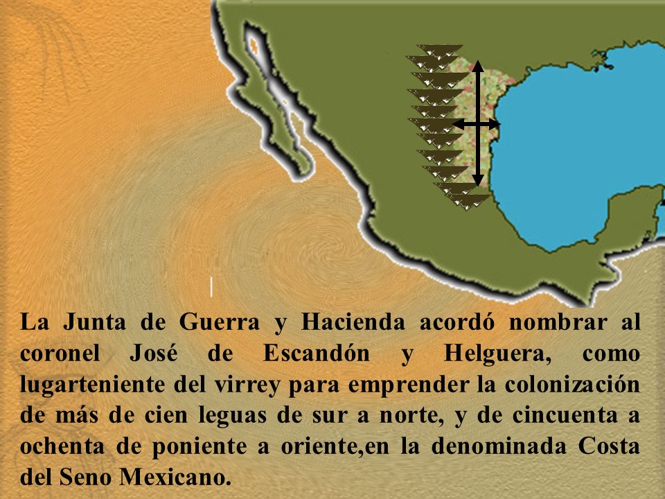 La Junta de Guerra y Hacienda acordó nombrar al coronel José de Escandón y Helguera, como lugarteniente del virrey para emprender la colonización de más de cien leguas de sur a norte, y de cincuenta a ochenta de poniente a oriente,en la denominada Costa del Seno Mexicano.