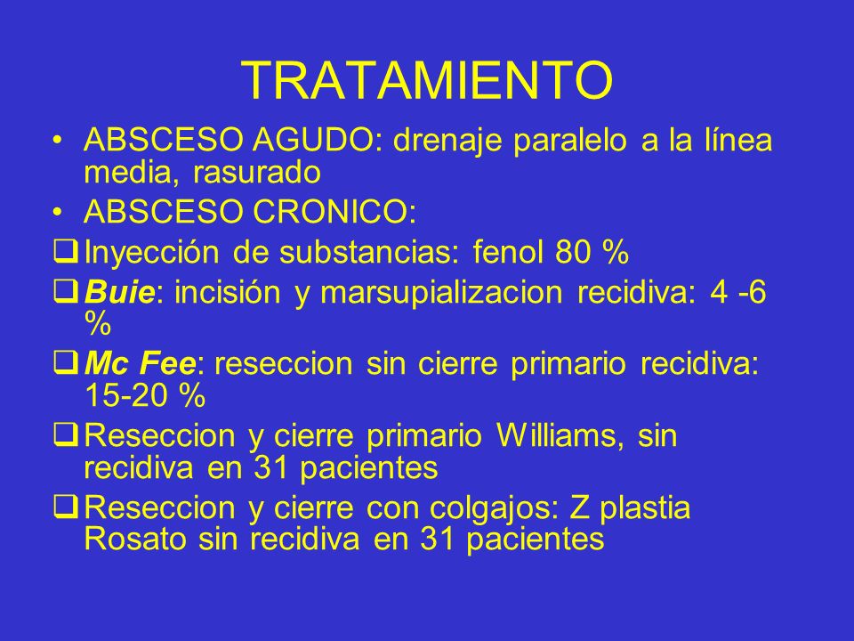 TRATAMIENTO ABSCESO AGUDO: drenaje paralelo a la línea media, rasurado