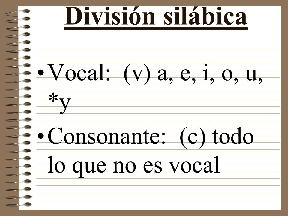 División silábica Vocal: (v) a, e, i, o, u, *y