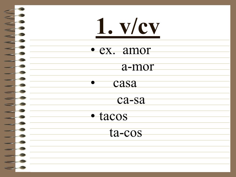 1. v/cv ex. amor a-mor casa ca-sa tacos ta-cos