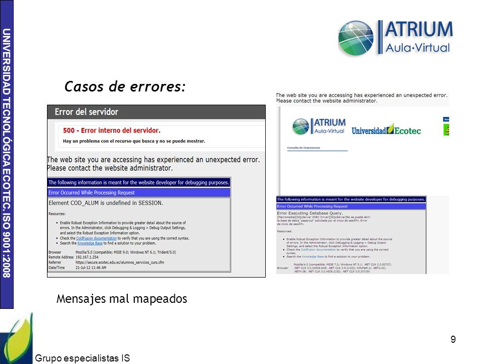 Casos de errores: Mensajes mal mapeados Grupo especialistas IS