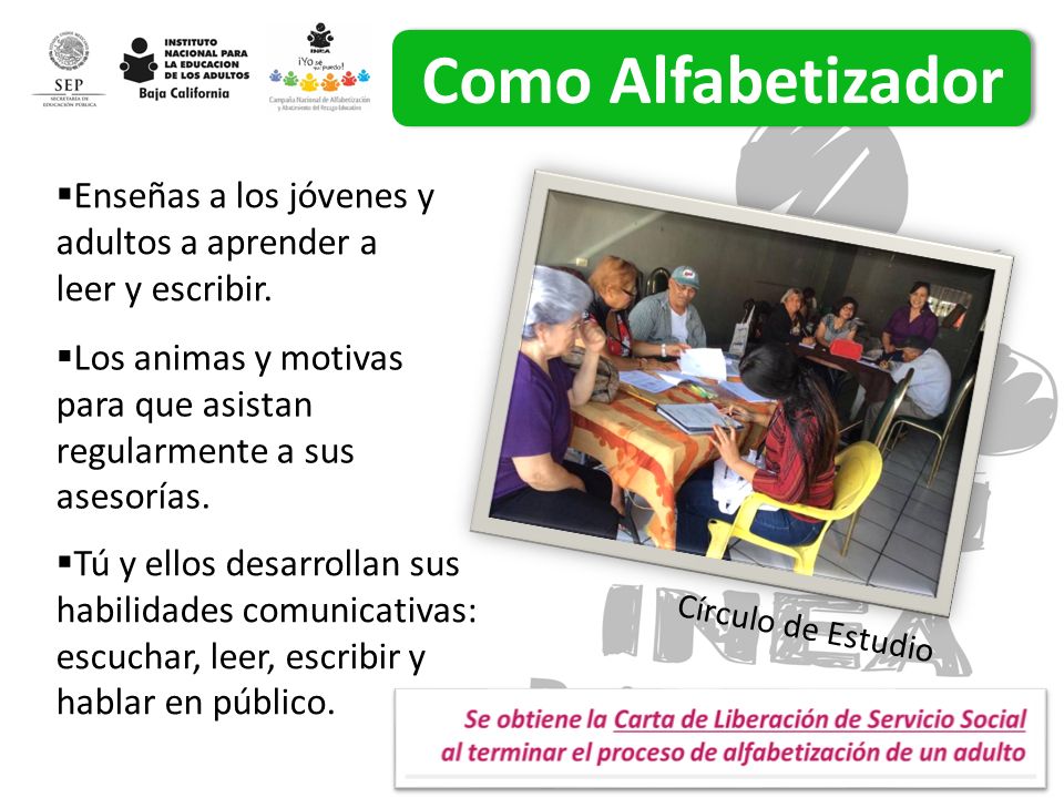 Como Alfabetizador Enseñas a los jóvenes y adultos a aprender a leer y escribir. Los animas y motivas para que asistan regularmente a sus asesorías.