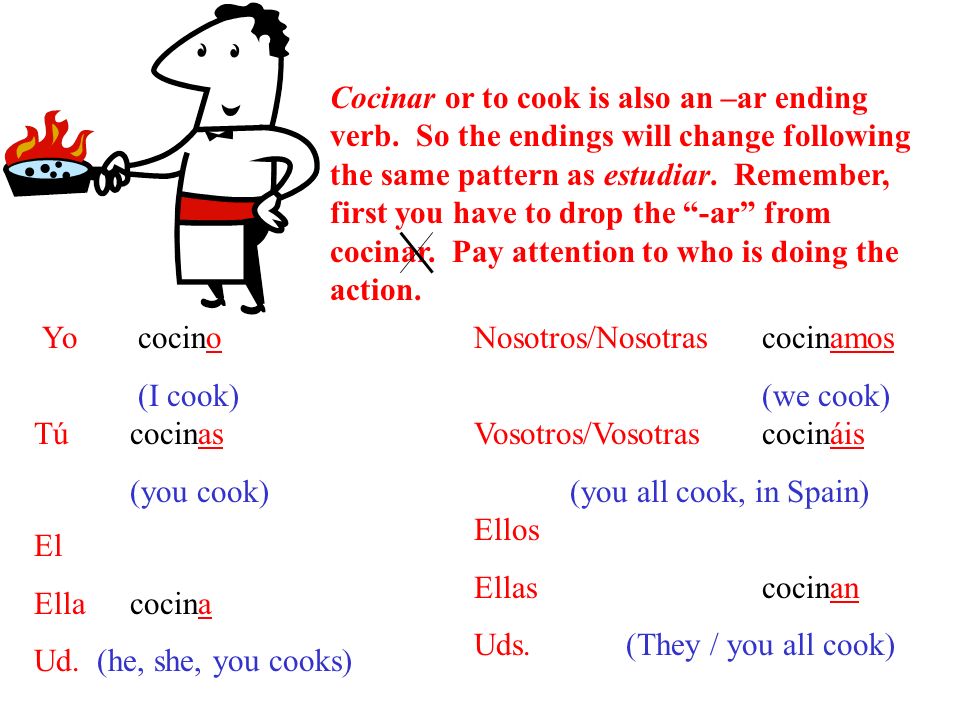 Cocinar or to cook is also an –ar ending verb