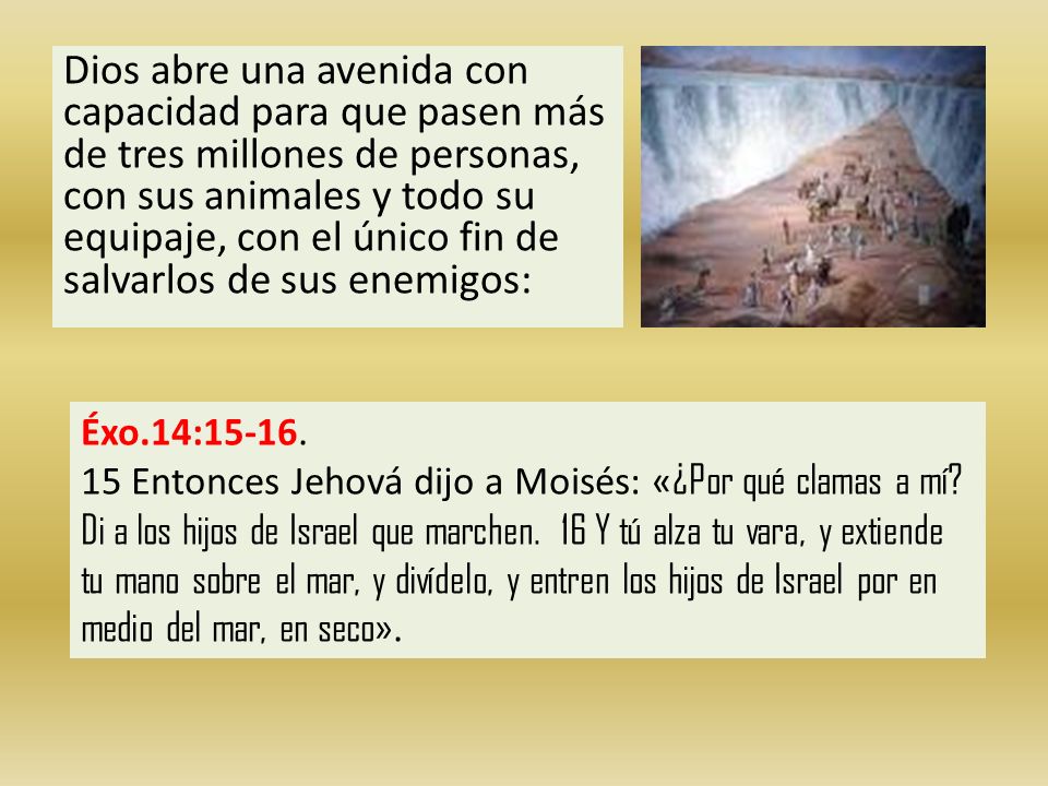 Dios abre una avenida con capacidad para que pasen más de tres millones de personas, con sus animales y todo su equipaje, con el único fin de salvarlos de sus enemigos: