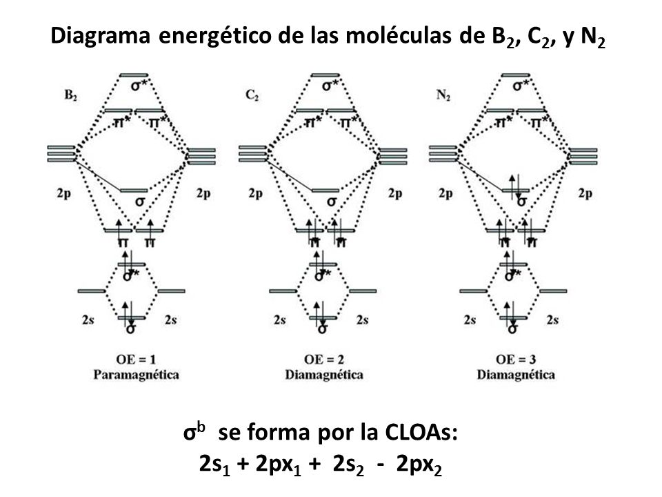 Diagrama energético de las moléculas de B2, C2, y N2