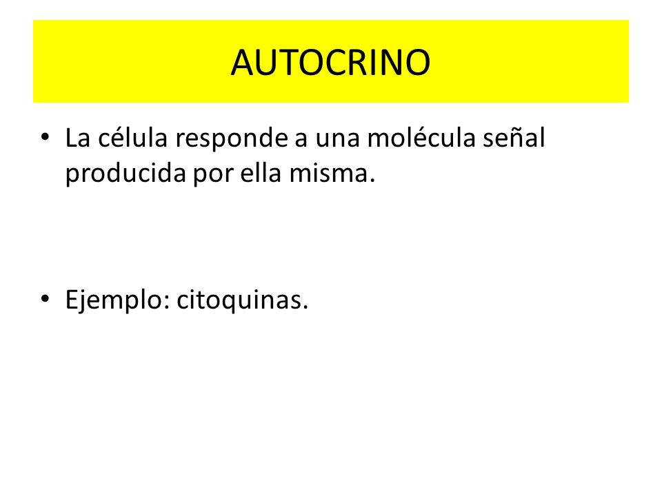 AUTOCRINO La célula responde a una molécula señal producida por ella misma. Ejemplo: citoquinas.
