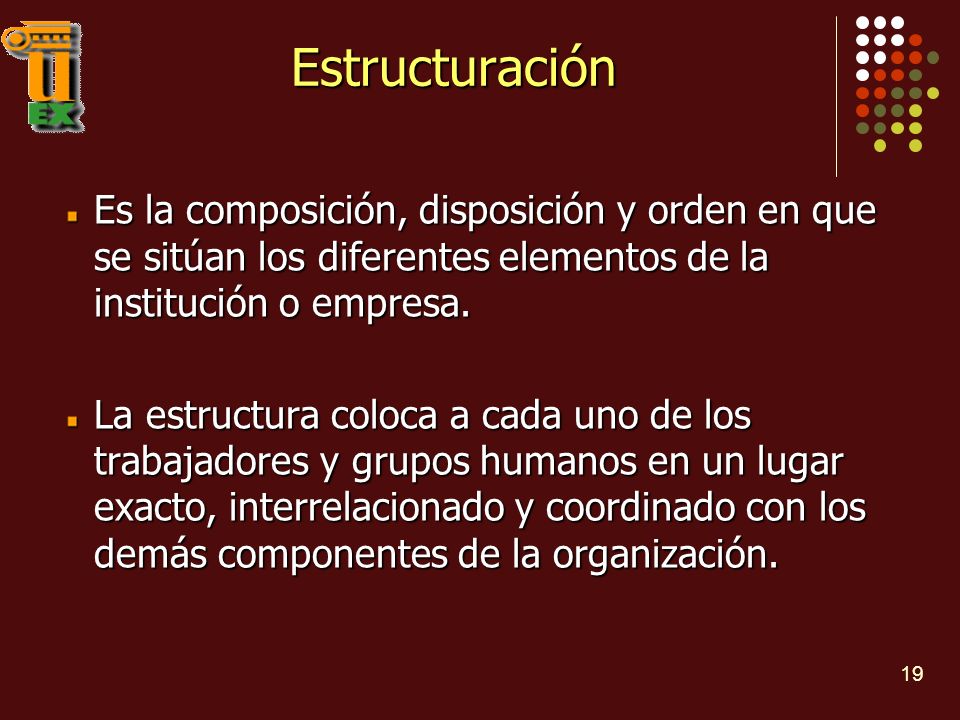 Estructuración Es la composición, disposición y orden en que se sitúan los diferentes elementos de la institución o empresa.