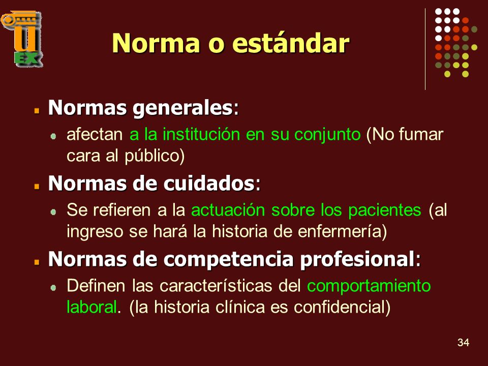 Norma o estándar Normas generales: Normas de cuidados: