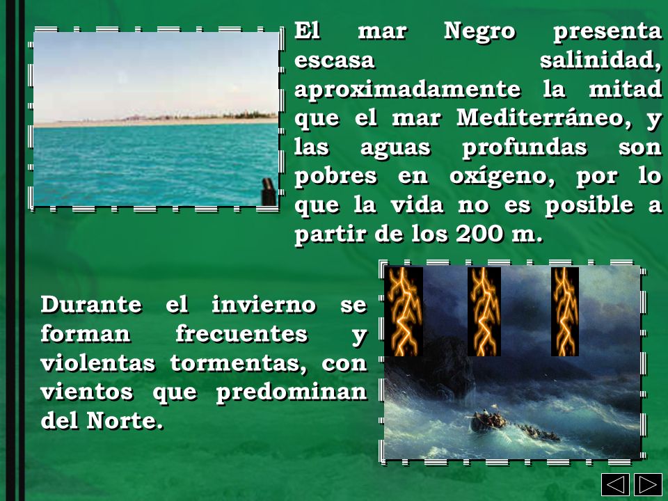 El mar Negro presenta escasa salinidad, aproximadamente la mitad que el mar Mediterráneo, y las aguas profundas son pobres en oxígeno, por lo que la vida no es posible a partir de los 200 m.