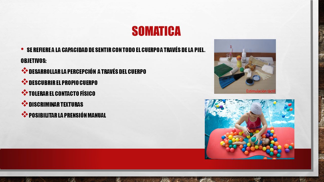 somatica Se refiere a la capacidad de sentir con todo el cuerpo a través de la piel. Objetivos: Desarrollar la percepción a través del cuerpo.