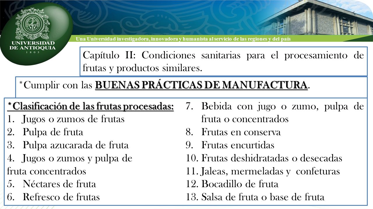 Capítulo II: Condiciones sanitarias para el procesamiento de frutas y productos similares.