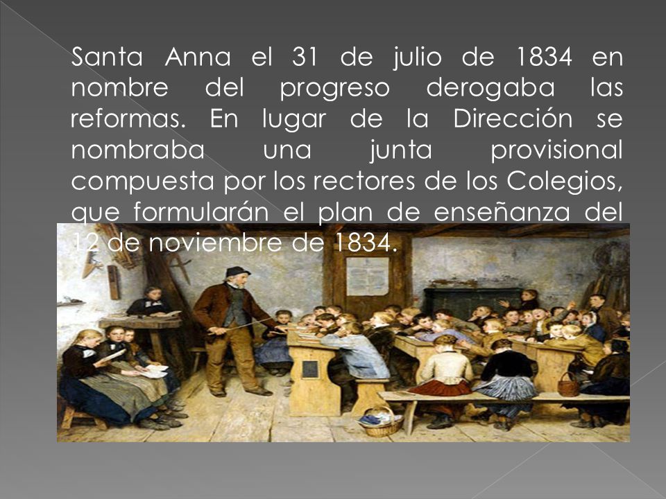 Santa Anna el 31 de julio de 1834 en nombre del progreso derogaba las reformas.