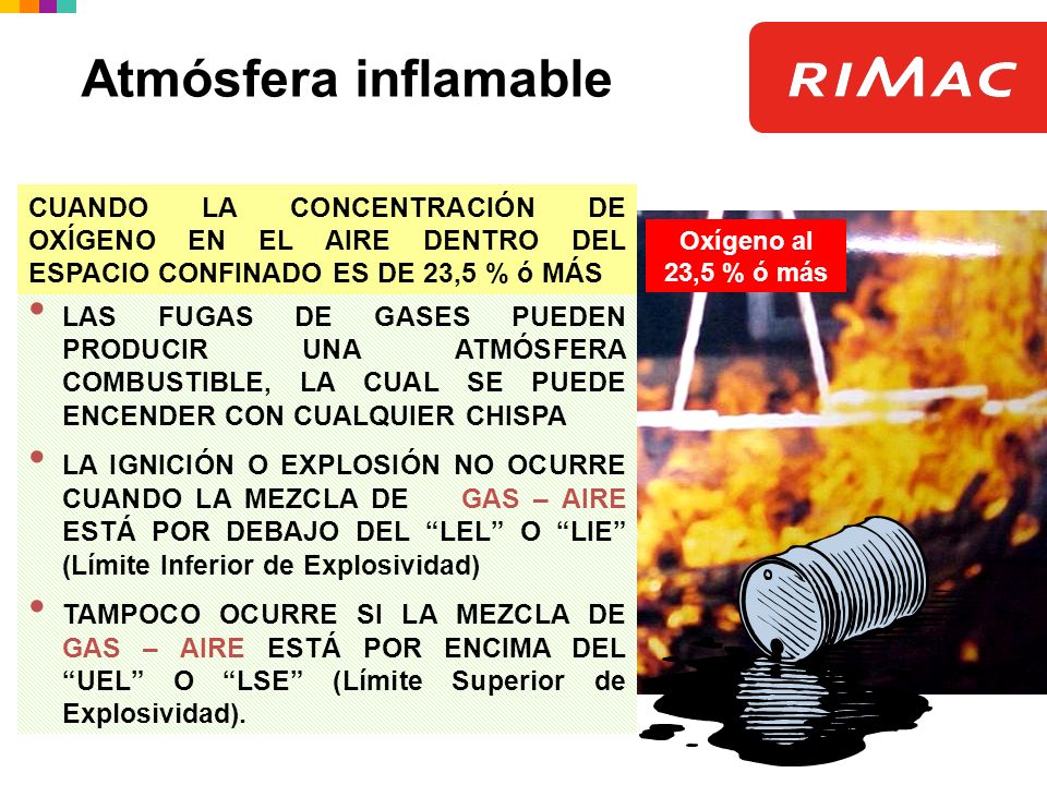Atmósfera inflamable CUANDO LA CONCENTRACIÓN DE OXÍGENO EN EL AIRE DENTRO DEL ESPACIO CONFINADO ES DE 23,5 % ó MÁS.