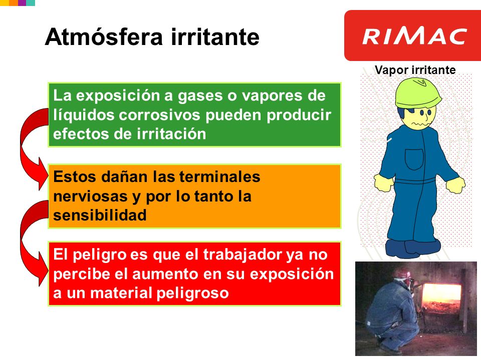 Atmósfera irritante Vapor irritante. La exposición a gases o vapores de líquidos corrosivos pueden producir efectos de irritación.