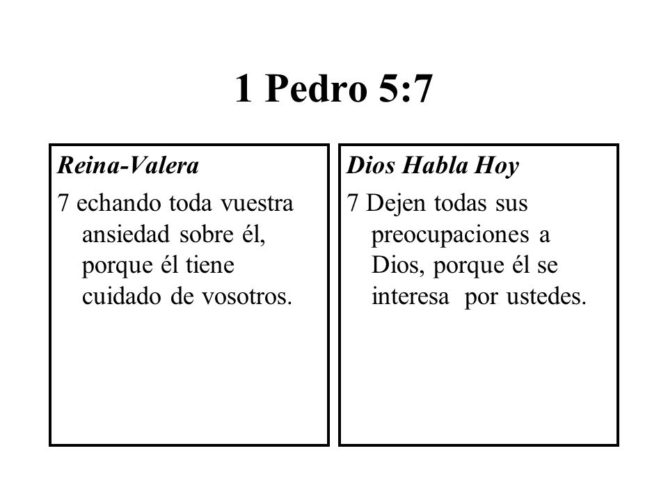1 Pedro 5:7 Reina-Valera. 7 echando toda vuestra ansiedad sobre él, porque él tiene cuidado de vosotros.