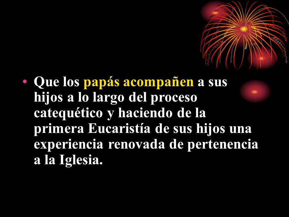 Que los papás acompañen a sus hijos a lo largo del proceso catequético y haciendo de la primera Eucaristía de sus hijos una experiencia renovada de pertenencia a la Iglesia.