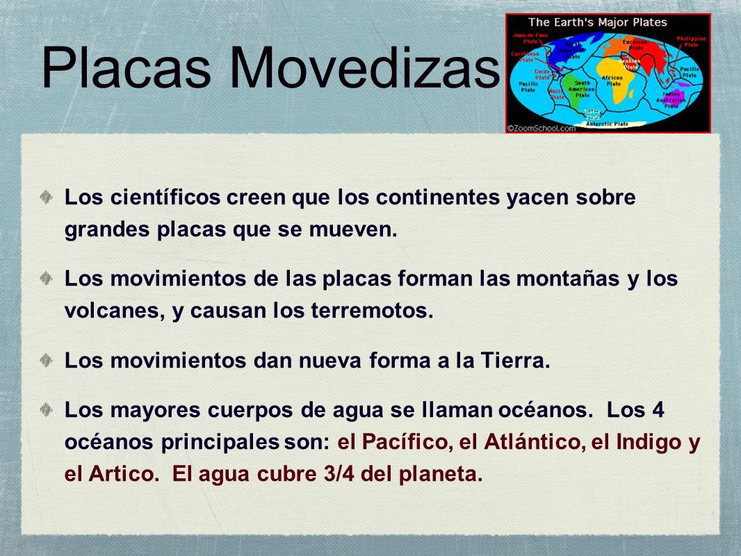 Placas Movedizas Los científicos creen que los continentes yacen sobre grandes placas que se mueven.