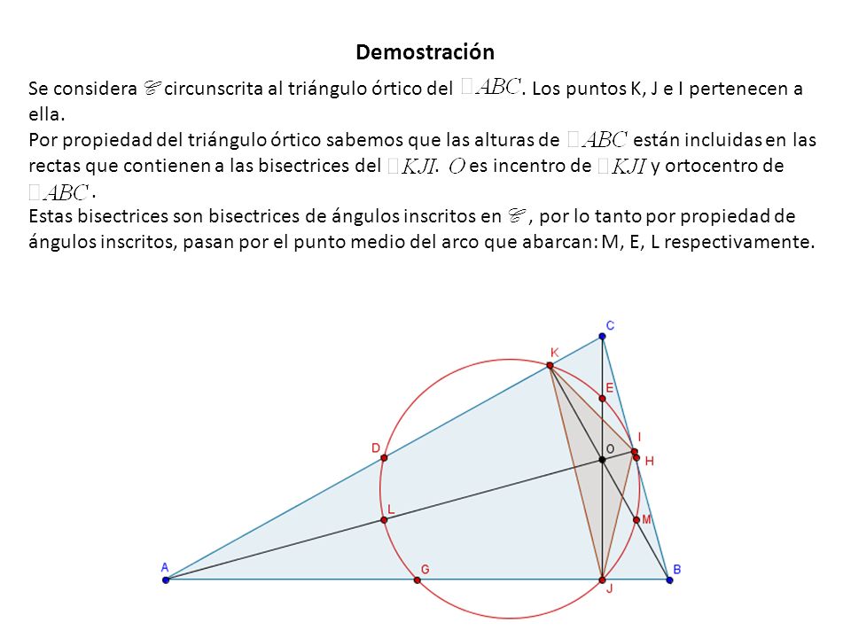 Demostración Se consideraC circunscrita al triángulo órtico del . Los puntos K, J e I pertenecen a ella.