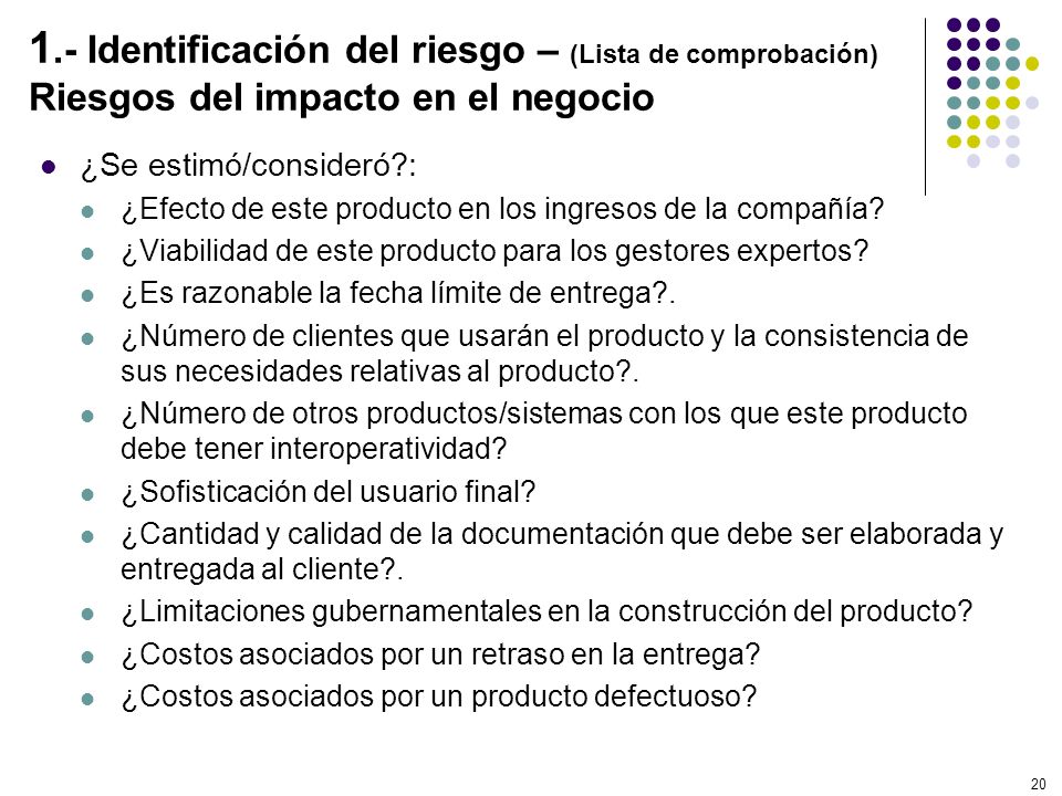 1.- Identificación del riesgo – (Lista de comprobación) Riesgos del impacto en el negocio