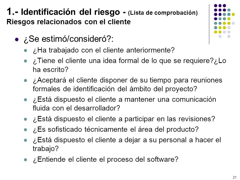 1.- Identificación del riesgo - (Lista de comprobación) Riesgos relacionados con el cliente