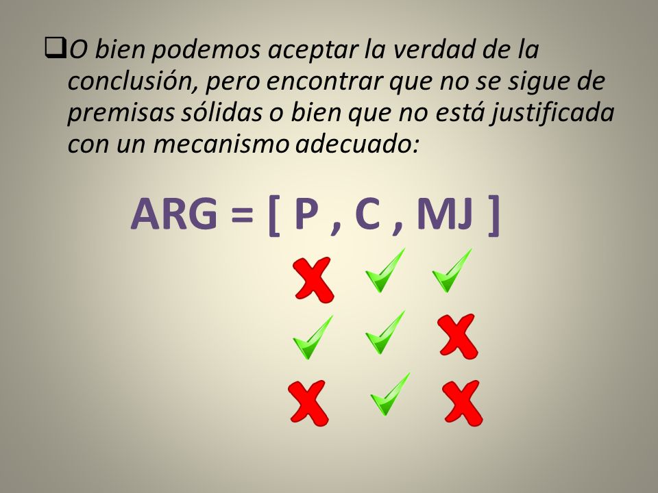 O bien podemos aceptar la verdad de la conclusión, pero encontrar que no se sigue de premisas sólidas o bien que no está justificada con un mecanismo adecuado: