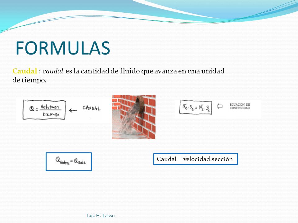 FORMULAS Caudal : caudal es la cantidad de fluido que avanza en una unidad de tiempo. Caudal = velocidad.sección.