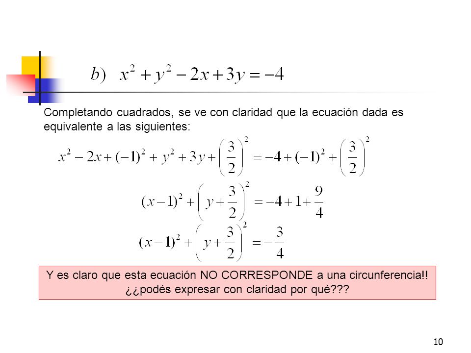 Completando cuadrados, se ve con claridad que la ecuación dada es equivalente a las siguientes: